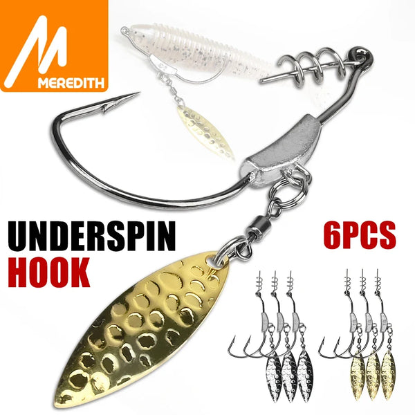 Underspin swimbait hook jig head set with gold spinner blade and metal hook, 6-pack