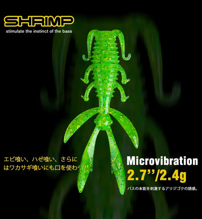Bright green soft shrimp worm lure with microvibration legs and speckled finish