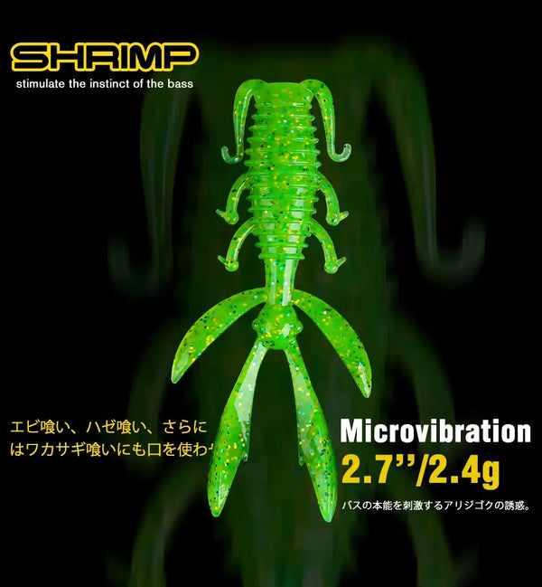 Bright green soft shrimp worm lure with microvibration legs and speckled finish