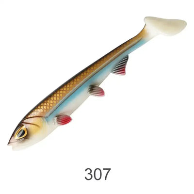 Soft paddle-tail swimbait lure in blue with orange-gold top and red fin accents, color 307