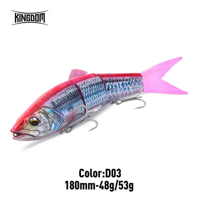 Multi-jointed hard fishing lure, red and blue scales with treble hooks