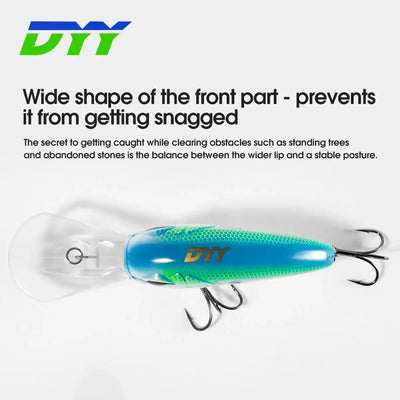 Blue-green crankbait with clear accents, treble hooks, and wide front lip