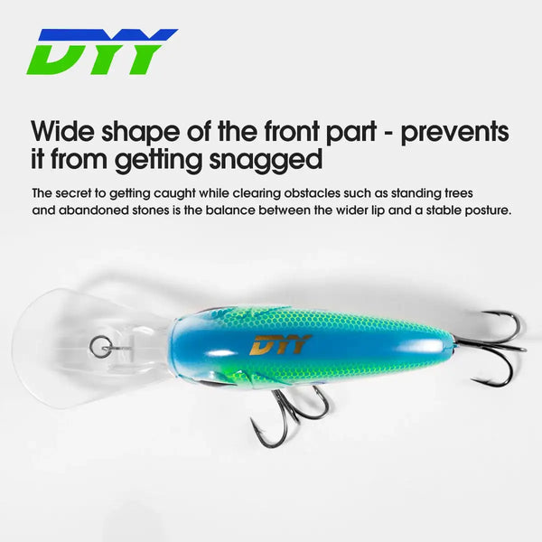 Blue-green crankbait with clear accents, treble hooks, and wide front lip