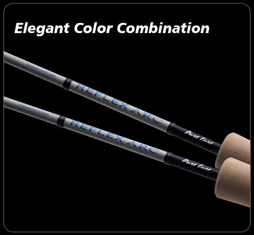 Black fishing rod with blue lettering and cork reel seat end