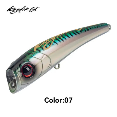 Kingdom GT popper lure, cream-and-gray floating topwater with teal stripe detail and hooks