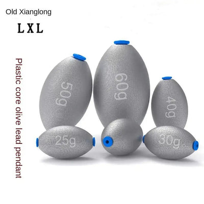 Gray slip shot lead sinkers with blue plastic plugs, marked 25g, 30g, 40g, 50g