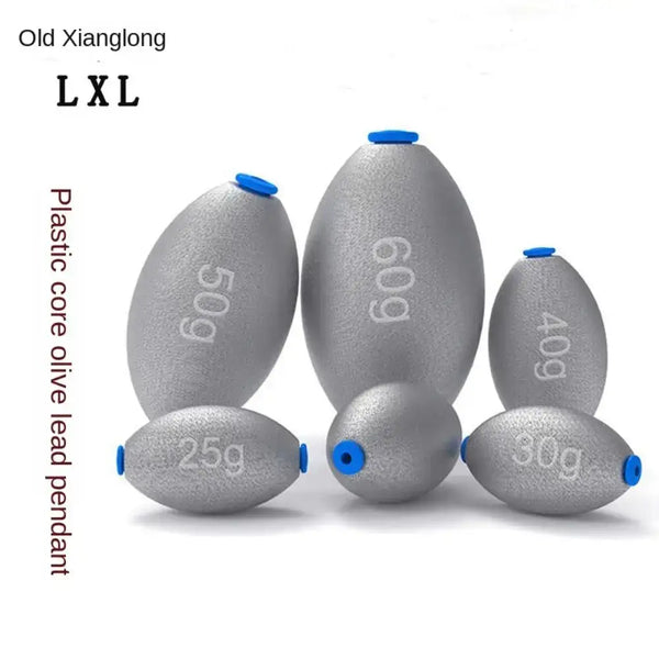 Gray slip shot lead sinkers with blue plastic plugs, marked 25g, 30g, 40g, 50g