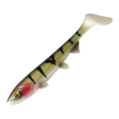 Striped soft paddle-tail swimbait lure with red eye, dark fins, and light paddle tail