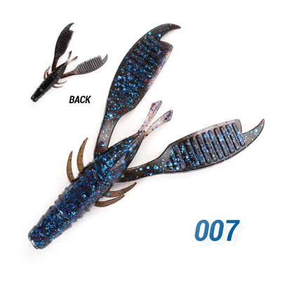 Blue glitter craw flapper soft plastic jig trailer with speckles, back view