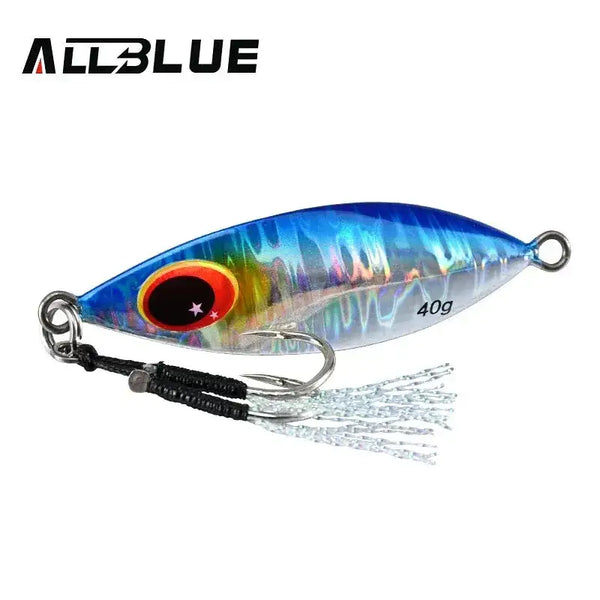 Blue and silver metal fishing jig with red eye, 40g marking, skirt hooks and split rings