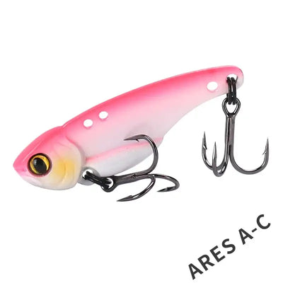 Tsurinoya Ares-a metal vib fishing lure in pink and white with 3d eye, three treble hooks, and sleek plastic body