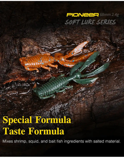 Orange and green soft silicone shrimp lure with curled claws and embedded hooks