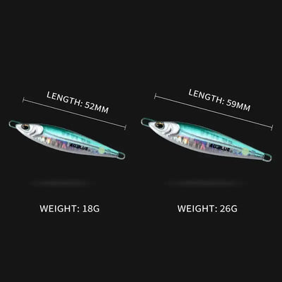 Metal fishing jig lure in teal-silver, shown with size and weight labels (18g, 26g)