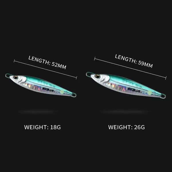 Metal fishing jig lure in teal-silver, shown with size and weight labels (18g, 26g)