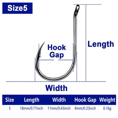 Size 5 offset octopus fishing hook, silver; 8mm hook gap.