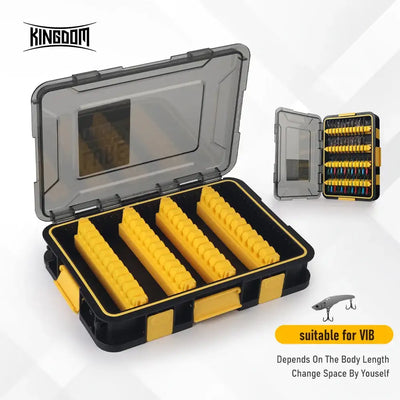 Lure storage box with clear window lid and yellow lure holders, suitable for VIB