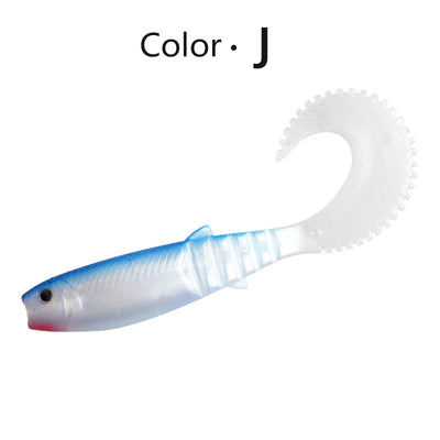 Soft shad silicone fishing lure, light blue with silver body, curved paddle tail