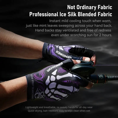 Black half-finger ice silk fishing gloves with purple and white paw grip graphics