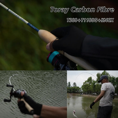 Fishing rod with cork handle and dark rod blank in hand near fishing reel