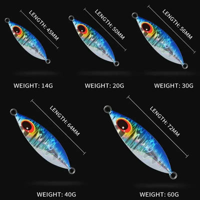 Assorted blue metal fishing jigs with red eye, silver finish, split-ring hooks, different sizes