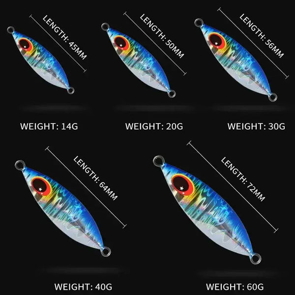 Assorted blue metal fishing jigs with red eye, silver finish, split-ring hooks, different sizes