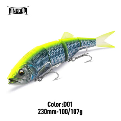 Multi-jointed hard fishing lure, colorful patterned body with dark back, silver trebles and brown tail