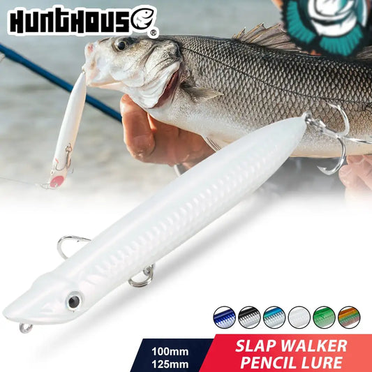 White floating pencil topwater fishing lure with treble hook and split rings