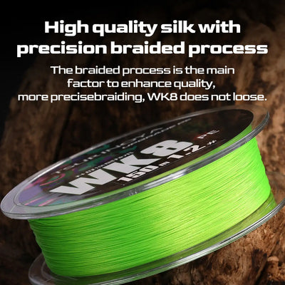 Neon green braided PE fishing line spooled on a clear reel spool