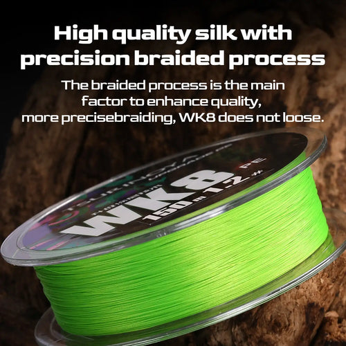 Neon green braided PE fishing line spooled on a clear reel spool