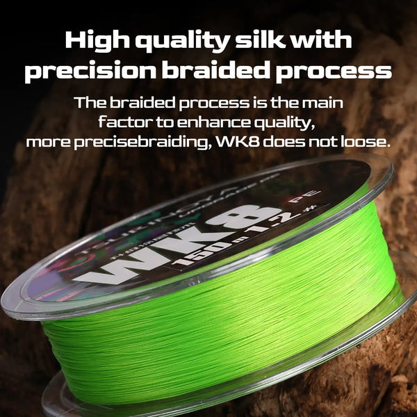 Neon green braided PE fishing line spooled on a clear reel spool