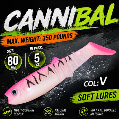 Meredith paddle tail swimbait set, 5-pack, 80mm: pink body with black markings and pink tail.