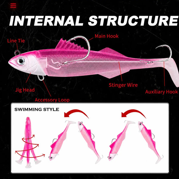 Pink soft swimbait lure internal structure with jig head, hooks, line tie, and stinger wire