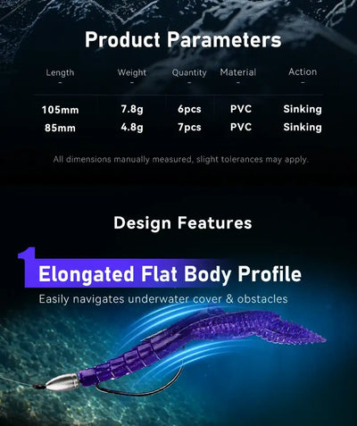 Purple PVC sinking soft crawfish lure with elongated flat body profile and claws