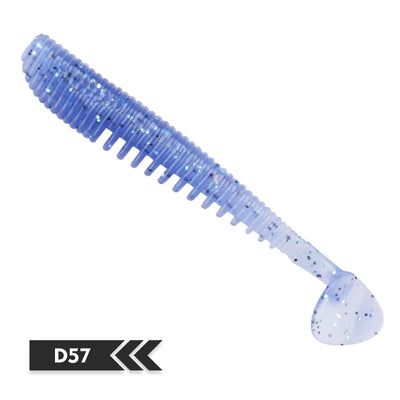 Soft fishing lure, light blue translucent silicone bait, ribbed body, speckled paddle tail