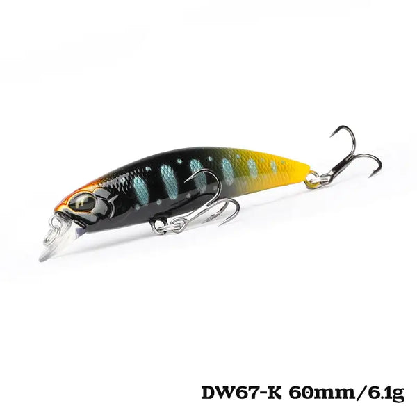 Mini sinking minnow crankbait, DW67-K, dark green/black top with yellow underside, 60mm/6.1g, 2 treble hooks