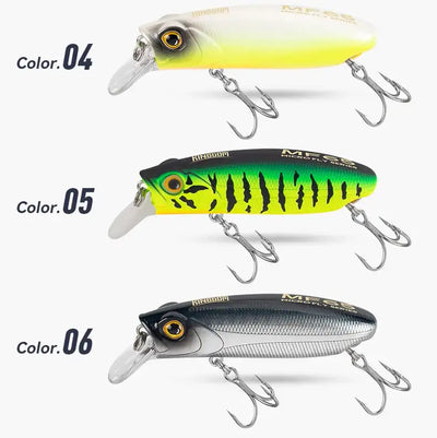 Crankbait lure color display showing three painted minnow lures with treble hooks