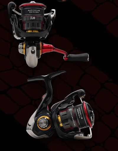 Black spinning reel with red handle and red line guide, studio product render