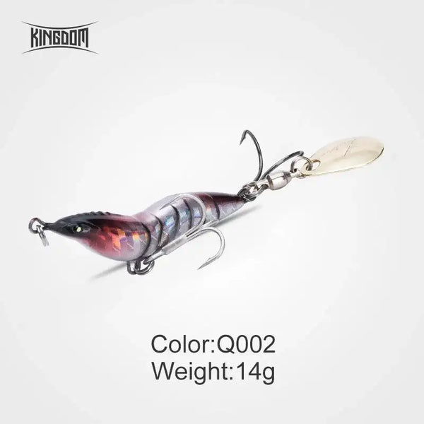 Artificial shrimp fishing lure, dark blue-purple with red belly, silver spinner blades and double hooks