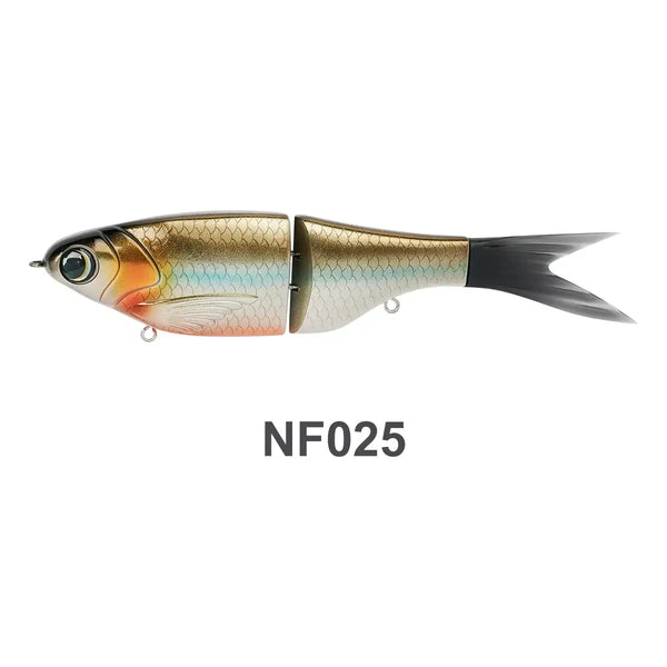 NF025 glide swimbait lure with golden scales, orange belly, and black tail