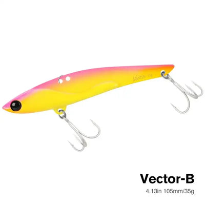 Metal vibration fishing hard bait lure, pink and yellow-orange gradient with black eye and three treble hooks.