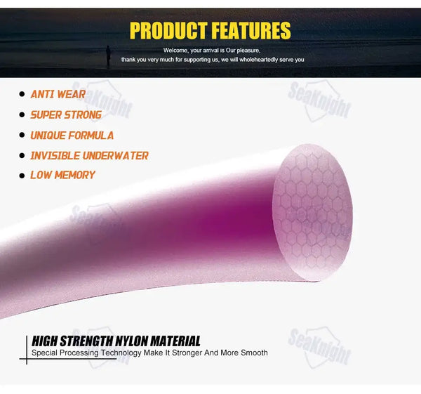 Pink nylon fishing line spool with feature icons and high-strength material callout