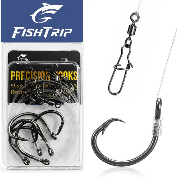 Pre-tied inline circle fishing hook rig set in clear plastic box, multiple hooks and snaps