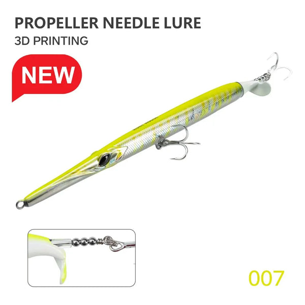 Propeller needle lure, yellow-green body with twin treble hooks