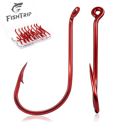 Red offset circle fishing hooks, paired with a small plastic storage box