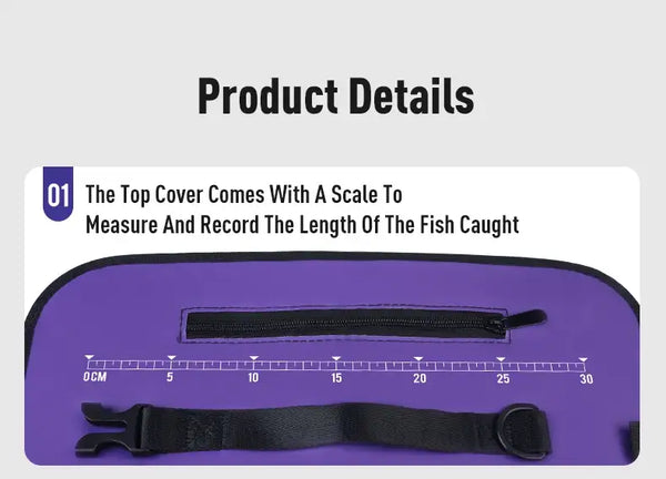 Purple fish keep net featuring a top cover with measuring scale window