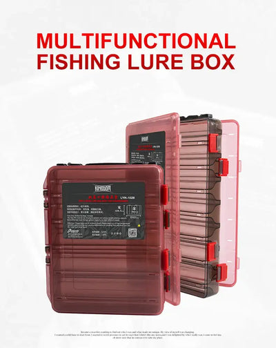 Red double-sided multifunction fishing lure tackle box with multiple rows of compartments
