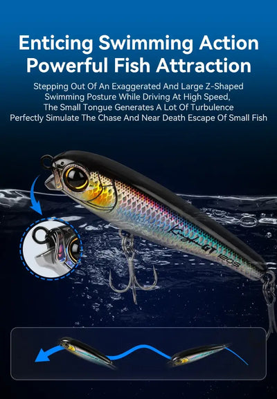 Sinking pencil fishing lure with 3D fish-scale pattern and treble hooks, gold eye