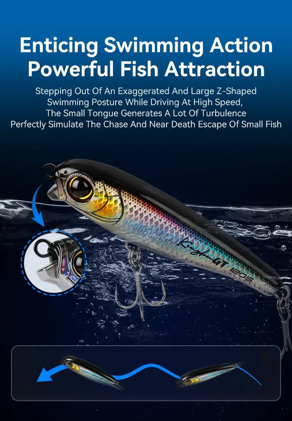 Sinking pencil fishing lure with 3D fish-scale pattern and treble hooks, gold eye