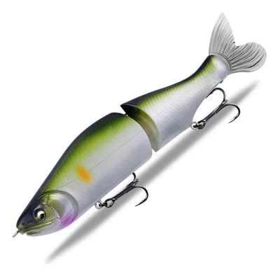 Jointed minnow fishing lure, silver-green body with yellow tail and treble hooks