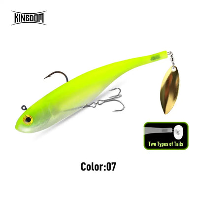Soft swimbait lure color 07, neon lime body with spinner blade and treble hooks